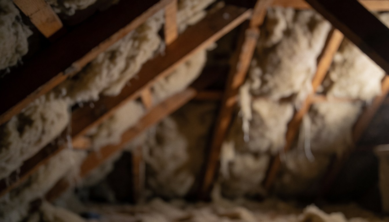 Plafond de comble avec poutres en bois et isolation blanche, éclairage doux et chaleureux, fond idéal pour textes de services de réparation de chauffage.