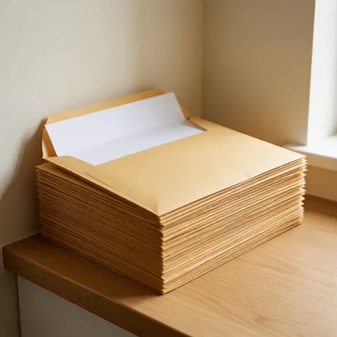 Une pile ordonnée d'enveloppes kraft posée sur un comptoir en bois clair, éclairée par la lumière naturelle avec un mur beige en arrière-plan.