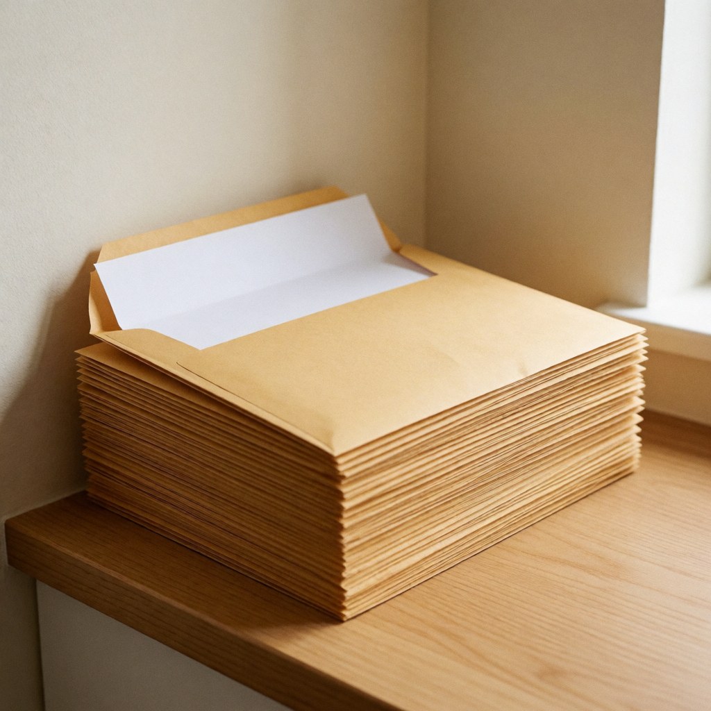 Une pile ordonnée d'enveloppes kraft posée sur un comptoir en bois clair, éclairée par la lumière naturelle avec un mur beige en arrière-plan.