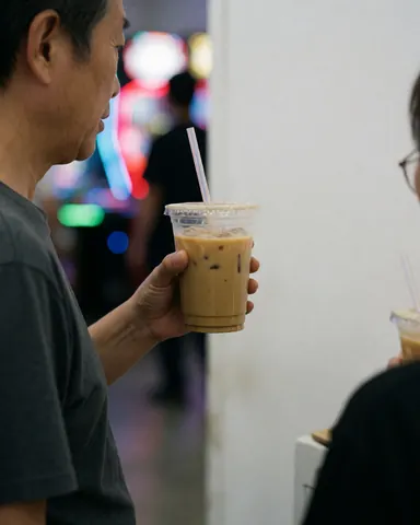 Une cliente adulte savoure une boisson fraîche à travers une paille dans un centre de divertissement intérieur aux lumières colorées.