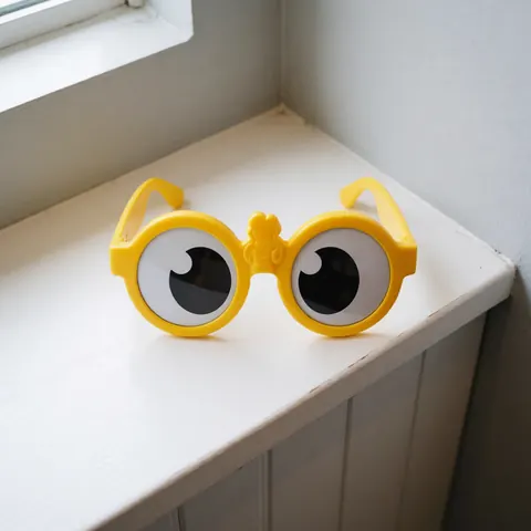 Paire de lunettes de soleil jaunes aux verres larges posée sur un rebord blanc près d'une fenêtre, évoquant un souvenir pour parc d'attractions.
