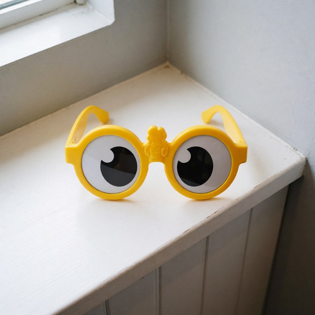 Paire de lunettes de soleil jaunes aux verres larges posée sur un rebord blanc près d'une fenêtre, évoquant un souvenir pour parc d'attractions.