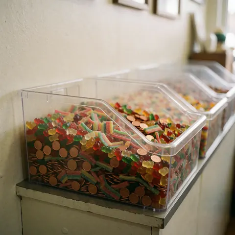 Des boîtes en plastique transparentes contenant des bonbons colorés et des pièces posées sur un comptoir dans un centre de loisirs.