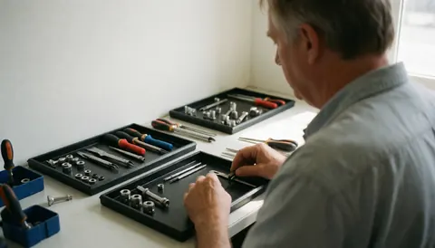 Vue arrière d'un technicien de serrurerie utilisant des outils sur une table propre, éclairé par la lumière naturelle avec un espace vide à gauche pour ajouter du texte.