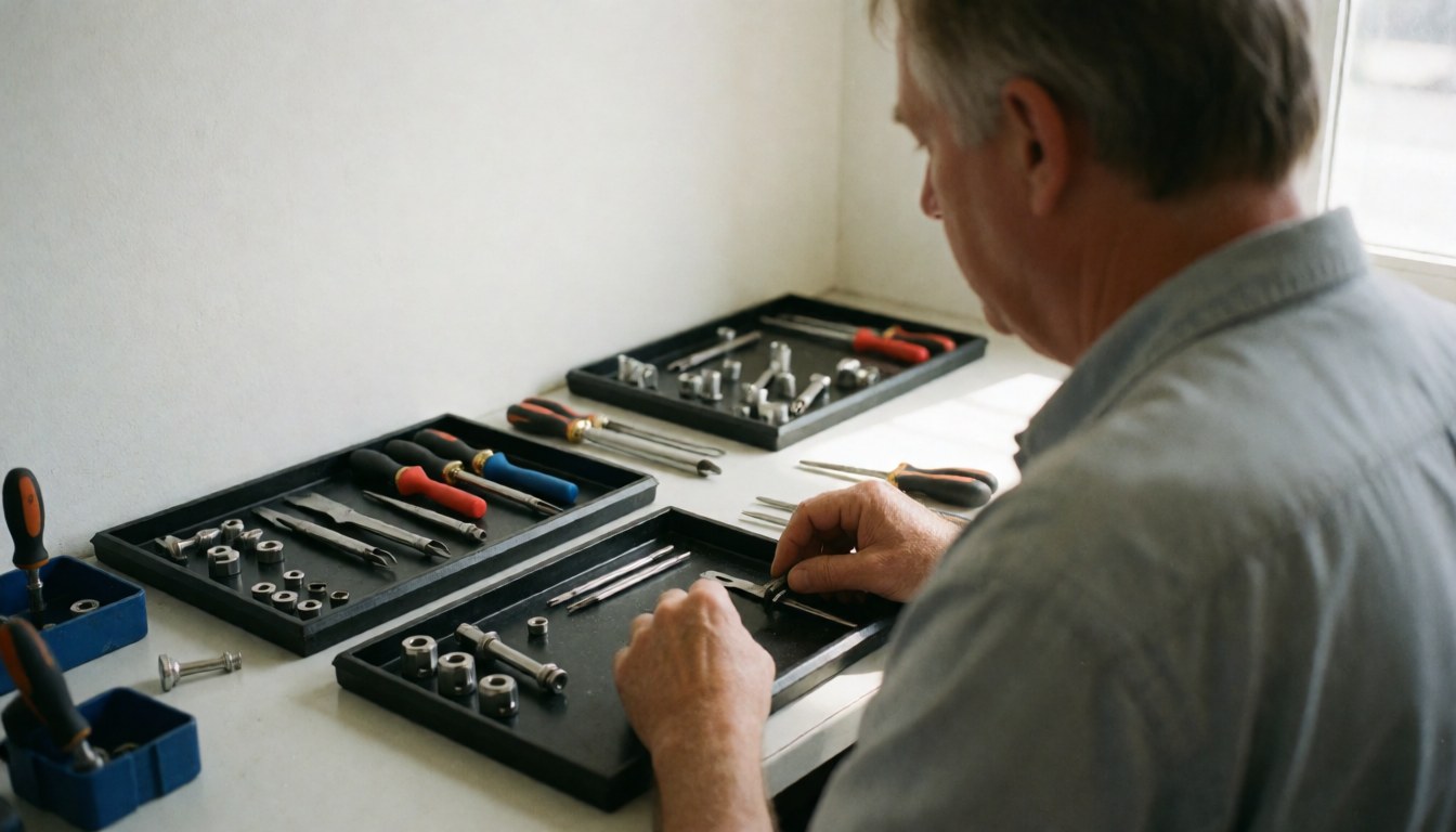 Vue arrière d'un technicien de serrurerie utilisant des outils sur une table propre, éclairé par la lumière naturelle avec un espace vide à gauche pour ajouter du texte.