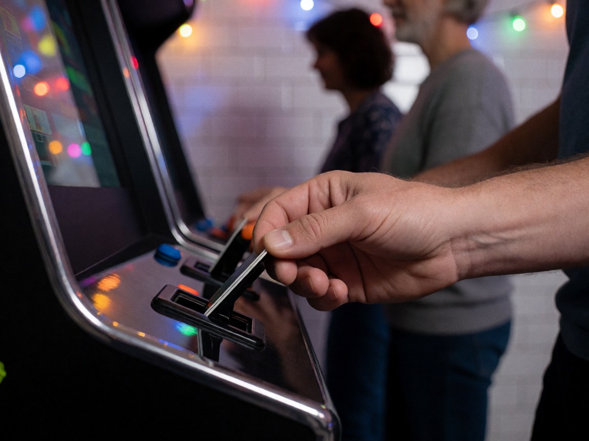 Une main adulte insère une carte dans la fente d'une borne arcade noire avec des lumières de fête floues en arrière-plan et des murs carrelés blancs.