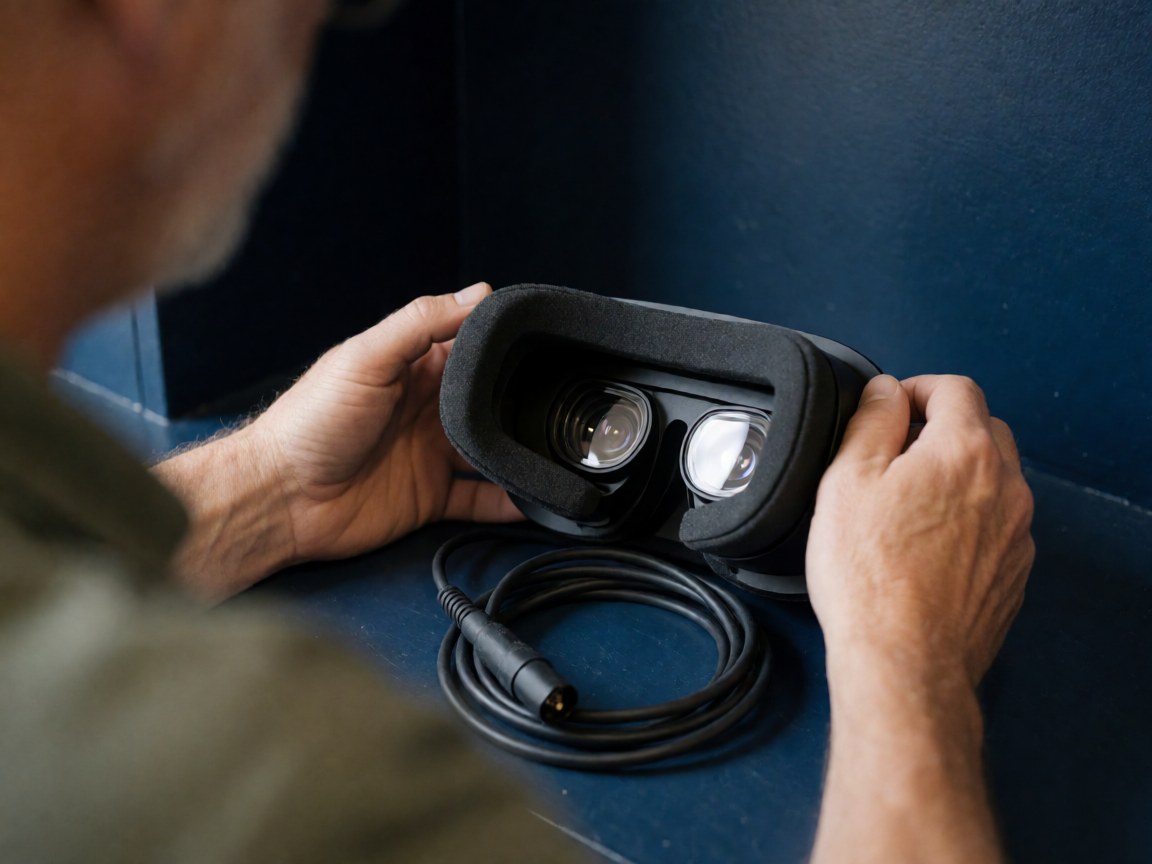 Un adulte ajuste un casque de réalité virtuelle avec un câble noir sur une table bleu foncé, révélant les lentilles et le coussinet en mousse.