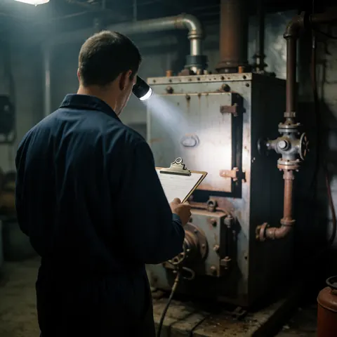 Un technicien en uniforme bleu examine une chaudière rouillée dans un sous-sol sombre, entouré de tuyauterie et tenant une lampe et un dossier.