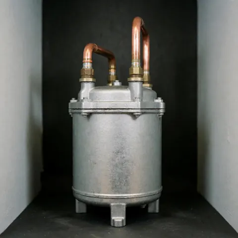 Compresseur de réfrigération industriel en métal avec tuyaux en cuivre sur fond sombre pour réparation d'appareils électroménagers