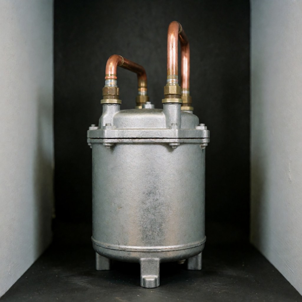 Compresseur de réfrigération industriel en métal avec tuyaux en cuivre sur fond sombre pour réparation d'appareils électroménagers