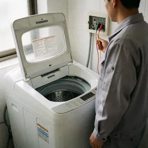 Un technicien examine une laveuse blanche ouverte avec un multimètre dans une pièce aux murs blancs près d'une fenêtre.