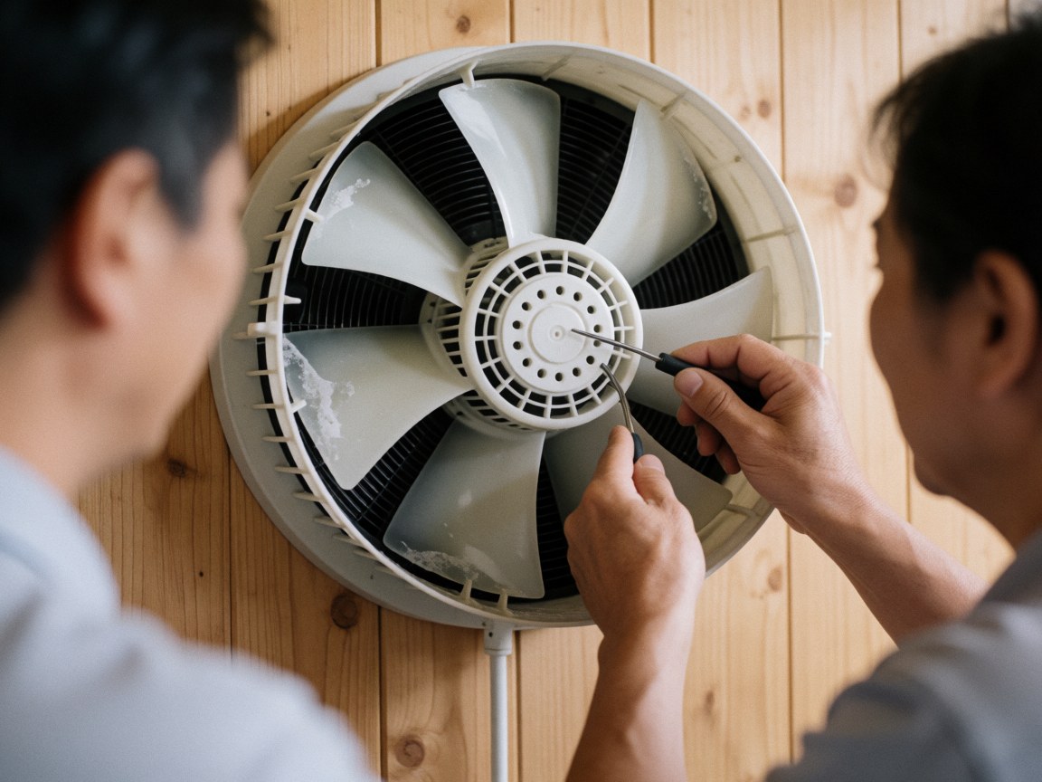 Un technicien répare un ventilateur mural en bois, mains armées d'un outil, détails de glace sur les pales.