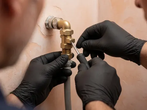Gants noirs ajustant une vanne en cuivre avec un tournevis sur un mur de plâtre clair, image macro de réparation.
