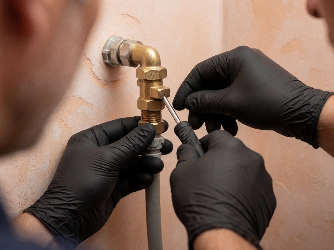 Gants noirs ajustant une vanne en cuivre avec un tournevis sur un mur de plâtre clair, image macro de réparation.
