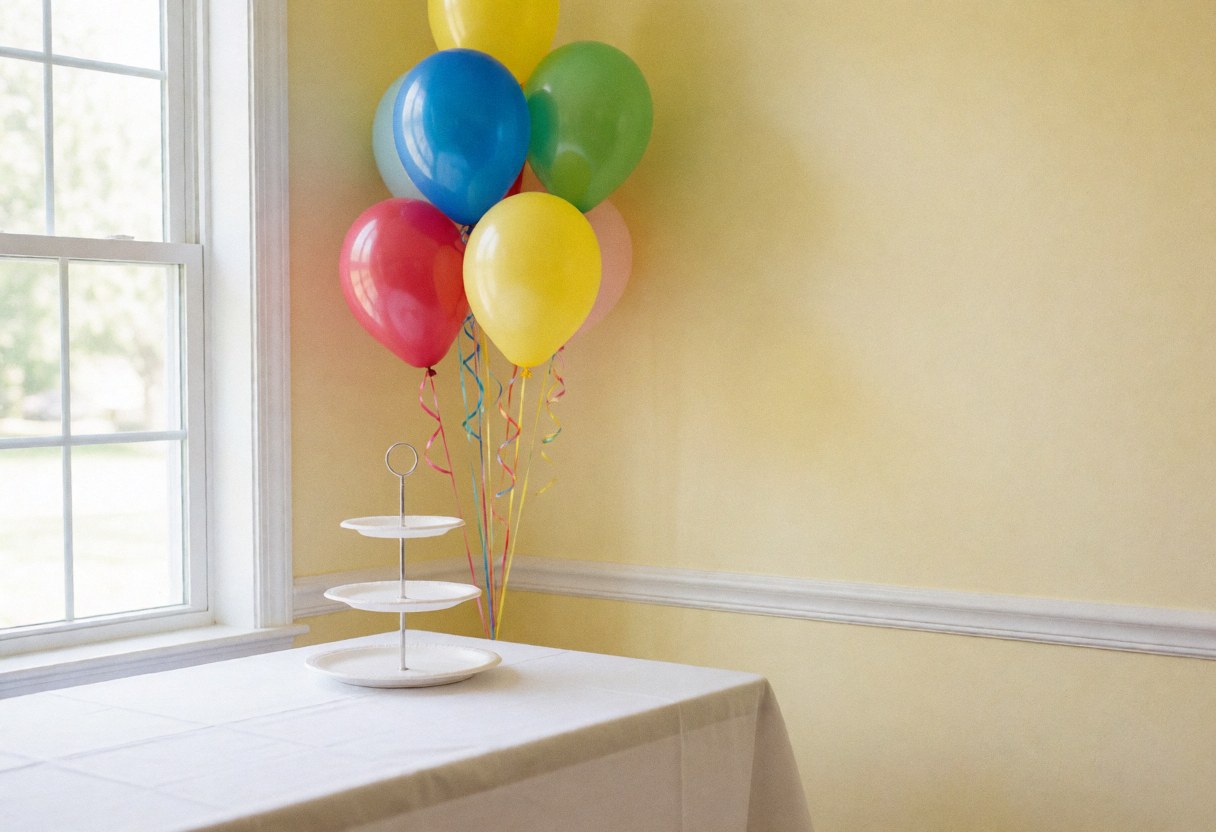 Salle de fête aux murs jaunes avec table couverte d'un napperon blanc, pâtisserie vide et ballons colorés attachés par des rubans, éclairée par la lumière naturelle d'une fenêtre.