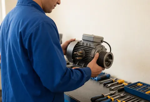Un technicien examine un moteur électrique sur une table de travail avec des outils, fond blanc et lumière naturelle.
