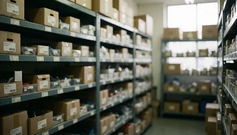Entrepôt avec des étagères en métal contenant des boîtes organisées, éclairage doux, fond idéal pour la réparation d'appareils électroménagers et le stockage logistique.
