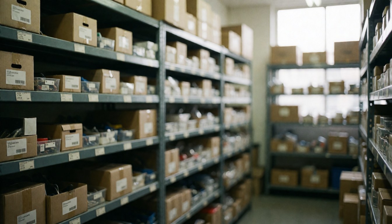 Entrepôt avec des étagères en métal contenant des boîtes organisées, éclairage doux, fond idéal pour la réparation d'appareils électroménagers et le stockage logistique.