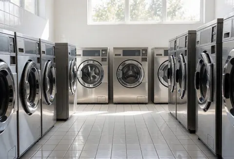 Vue d'une salle de lavage équipée de laveuses et sécheuses industrielles sur un sol carrelé blanc sous une lumière naturelle par des fenêtres hautes.