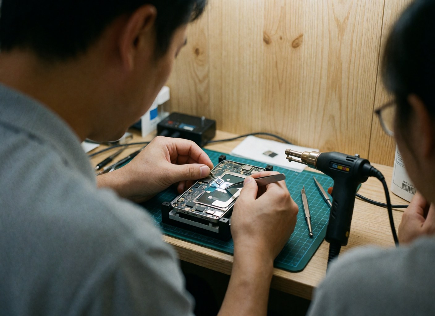 Mains d'un technicien utilisant des pinces pour réparer un téléphone, avec un chalumeau et des outils sur un fond en bois naturel.
