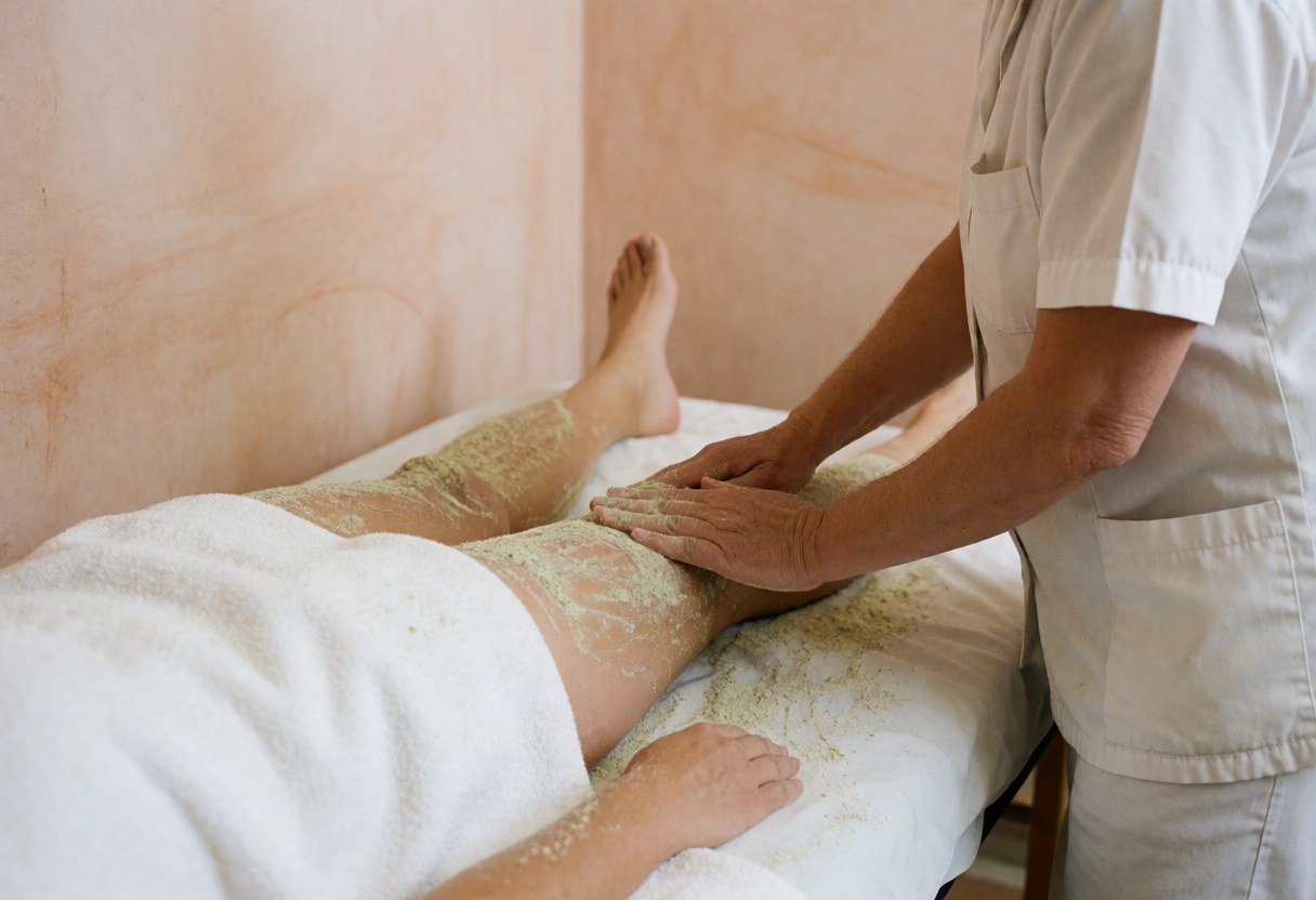 Un praticien en uniforme blanc réalise un massage ayurvédique avec poudre sèche sur la jambe d'un client dans un espace aux murs de terre cuite et à l'éclairage lumineux.