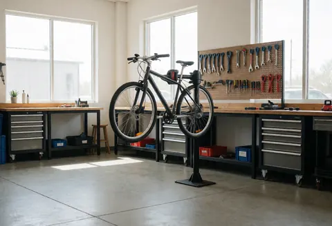 Bicyclette fixée sur un établi de réparation dans un atelier, avec des outils suspendus au mur et des tables de travail propres.