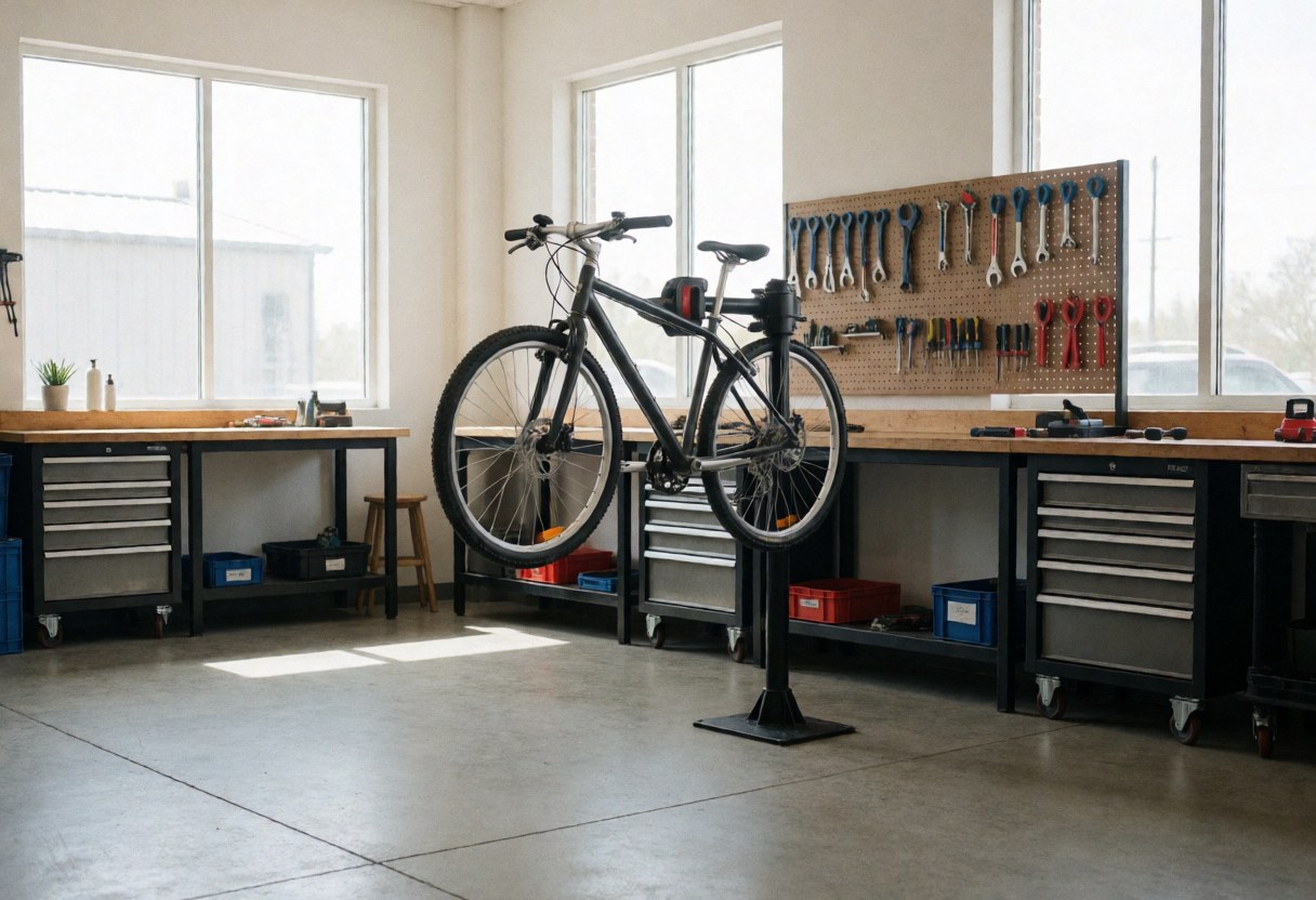 Bicyclette fixée sur un établi de réparation dans un atelier, avec des outils suspendus au mur et des tables de travail propres.