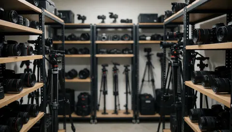 Rangements professionnels d'équipement photographique avec étagères en bois et trépieds, fond doux pour texte, éclairage pratique et ordonné.