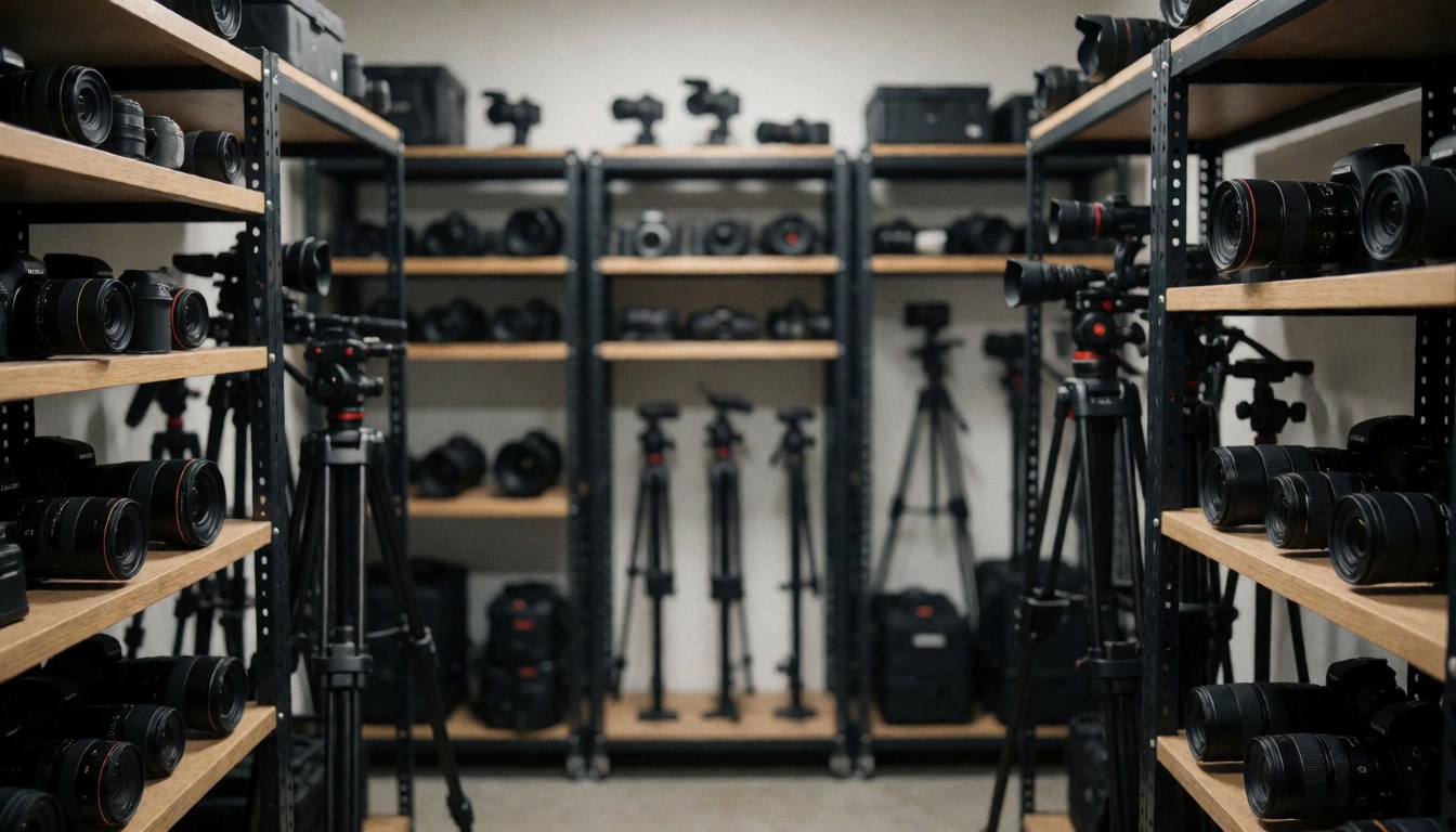 Rangements professionnels d'équipement photographique avec étagères en bois et trépieds, fond doux pour texte, éclairage pratique et ordonné.
