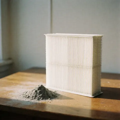 Un filtre à air blanc rectangulaire posé sur une table en bois, accompagné d'un tas de poussière grise, éclairé par la lumière naturelle.
