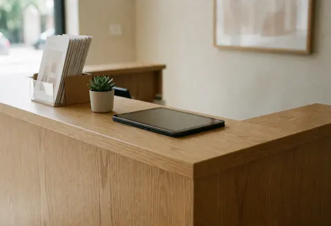 Comptoir d'accueil en bois clair équipé d'une tablette, de plantes succulentes et de brochures, créant un environnement propre et professionnel pour un salon de beauté.