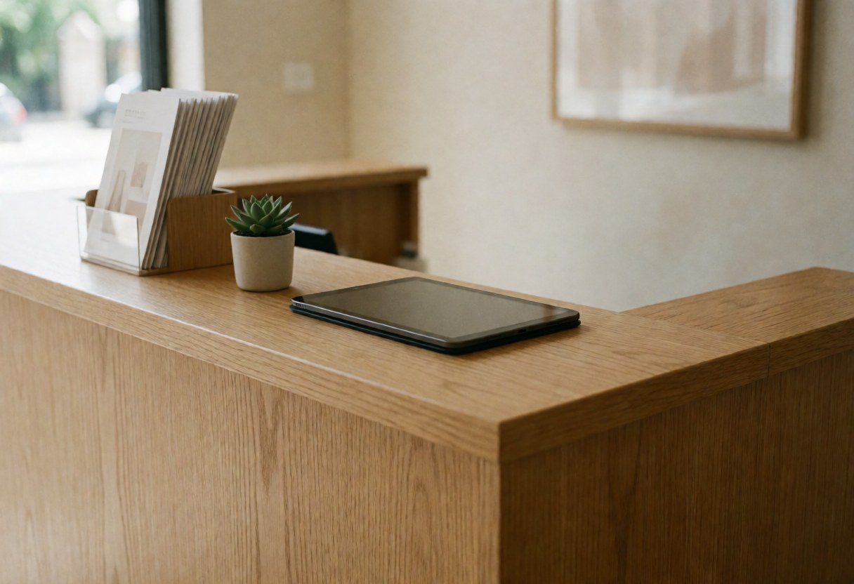 Comptoir d'accueil en bois clair équipé d'une tablette, de plantes succulentes et de brochures, créant un environnement propre et professionnel pour un salon de beauté.