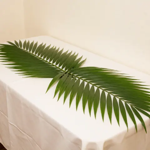 Grande feuille de palmier verte posée sur une table recouverte d'une nappe blanche, idéale pour la décoration d'événements et de banquets avec une ambiance naturelle et élégante.