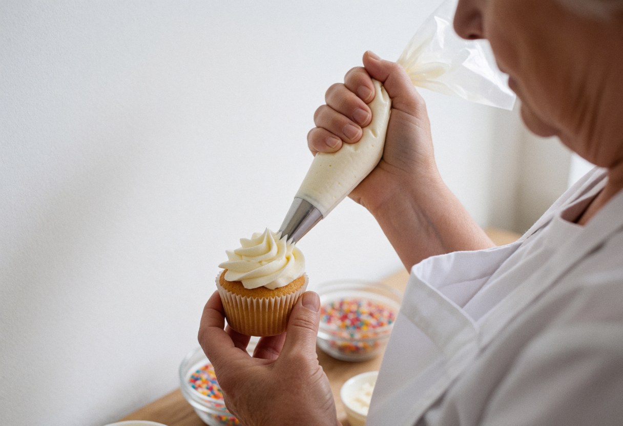 Une personne âgée portant un tablier blanc applique du glaçage sur un cupcake dans un atelier de cuisine professionnel.