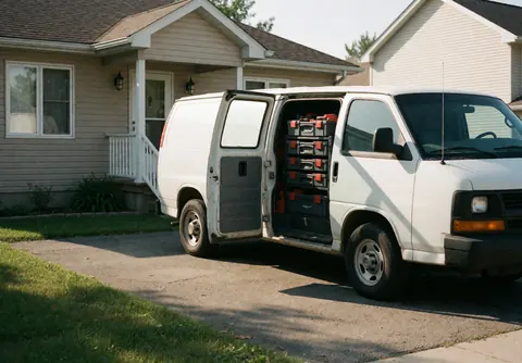 Fourgon blanc aux portes ouvertes révélant des caisses à outils, garé devant une maison avec porche, éclairage matinal, idéal pour les services de réparation d'appareils électroménagers.