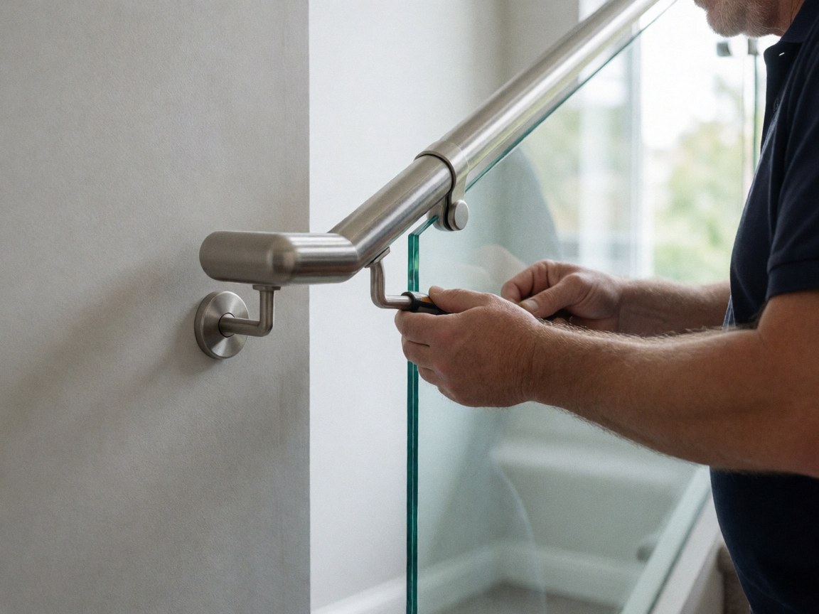 Un installateur ajuste avec précision la connexion entre une rambarde en acier inoxydable et un verre trempé transparent, révélant le fini poli du métal dans un intérieur baigné de lumière naturelle.