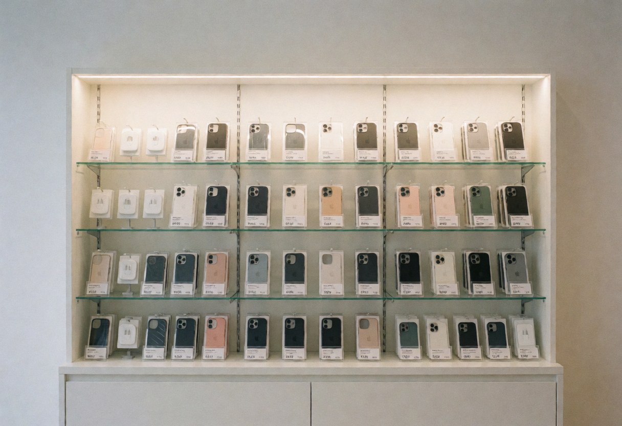 Présentoir d'accessoires mobiles avec étuis et chargeurs sur fond blanc, éclairage doux, produits organisés et étiquettes visibles.