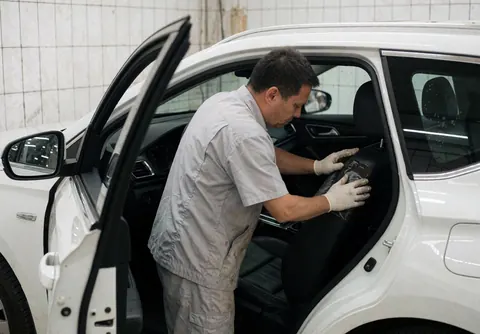 Un technicien portant des gants applique un produit d'entretien sur le siège en cuir noir d'une voiture blanche dans un atelier aux murs carrelés.