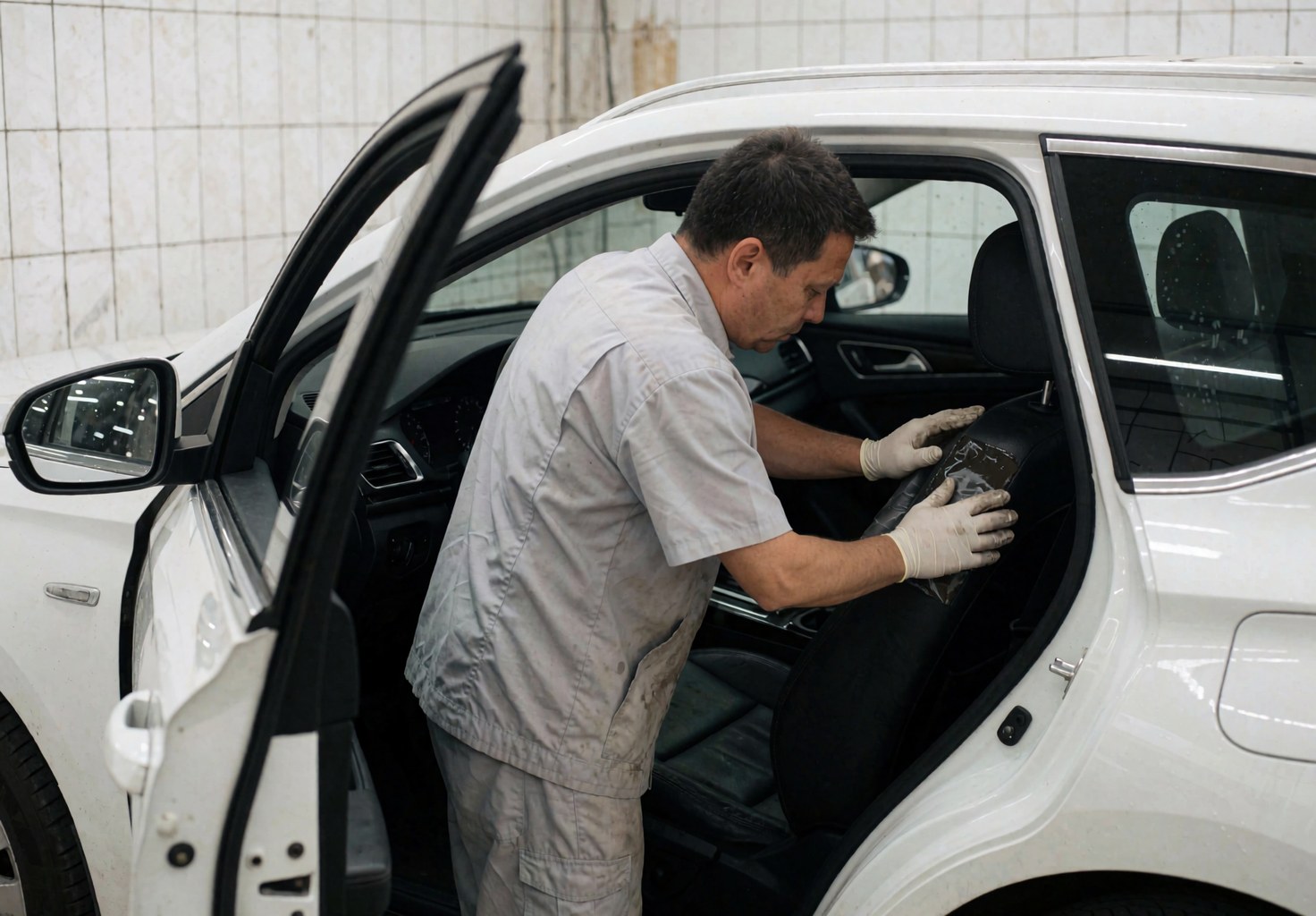 Un technicien portant des gants applique un produit d'entretien sur le siège en cuir noir d'une voiture blanche dans un atelier aux murs carrelés.