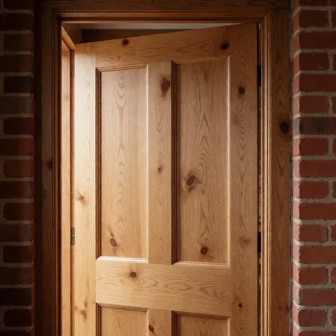 Porte en bois avec panneau et cadre posée contre un mur de briques, offrant une texture naturelle et un fini chaleureux adapté aux professionnels de l'installation.