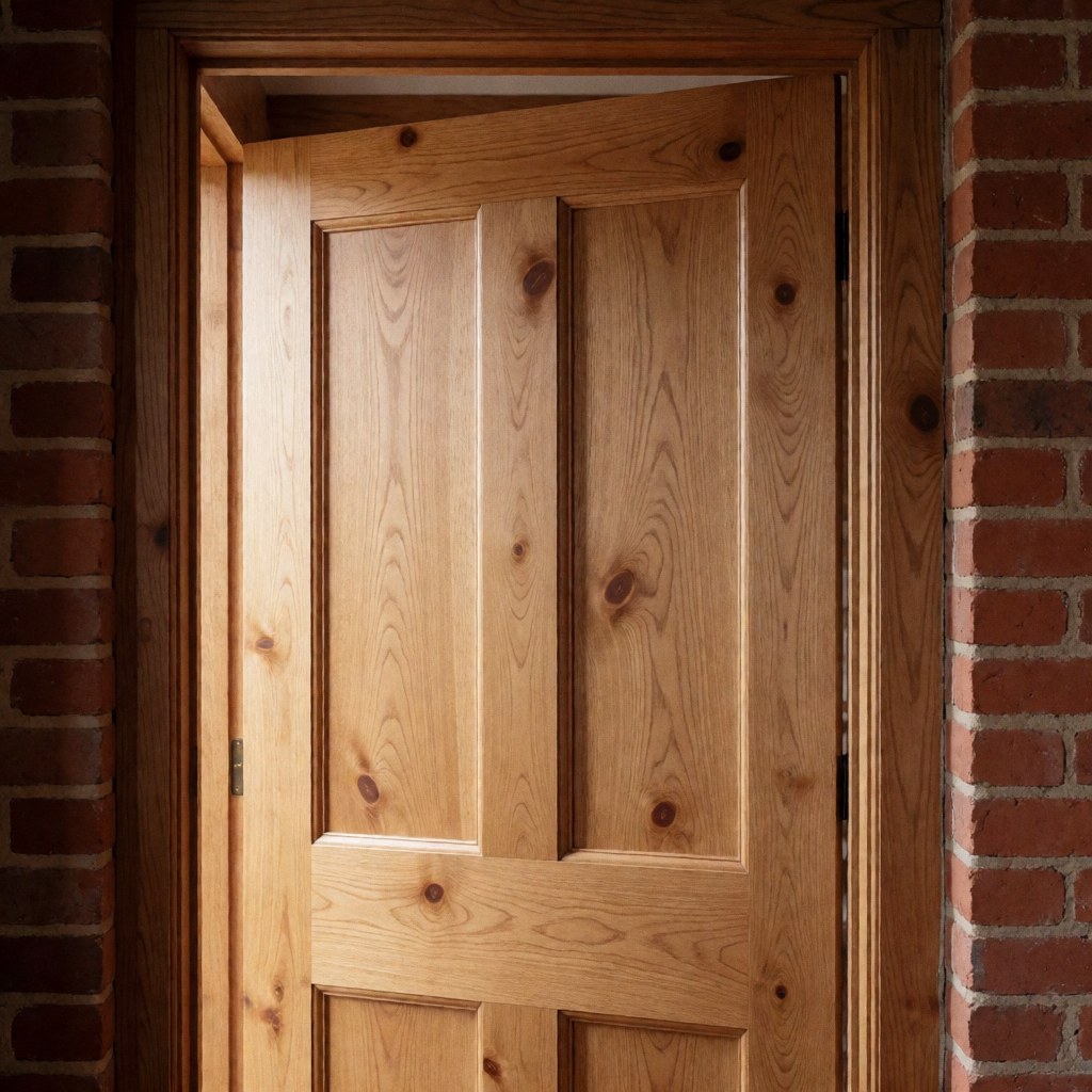 Porte en bois avec panneau et cadre posée contre un mur de briques, offrant une texture naturelle et un fini chaleureux adapté aux professionnels de l'installation.