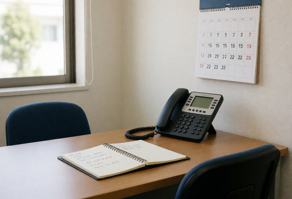 Un bureau propre et ordonné avec un bureau en bois, un téléphone noir, un cahier de notes et un calendrier au mur, éclairé par la lumière naturelle d'une fenêtre.