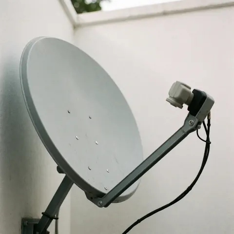 Installation professionnelle d'une antenne satellite sur un mur blanc avec câble et LNB visibles pour les entreprises de montage.