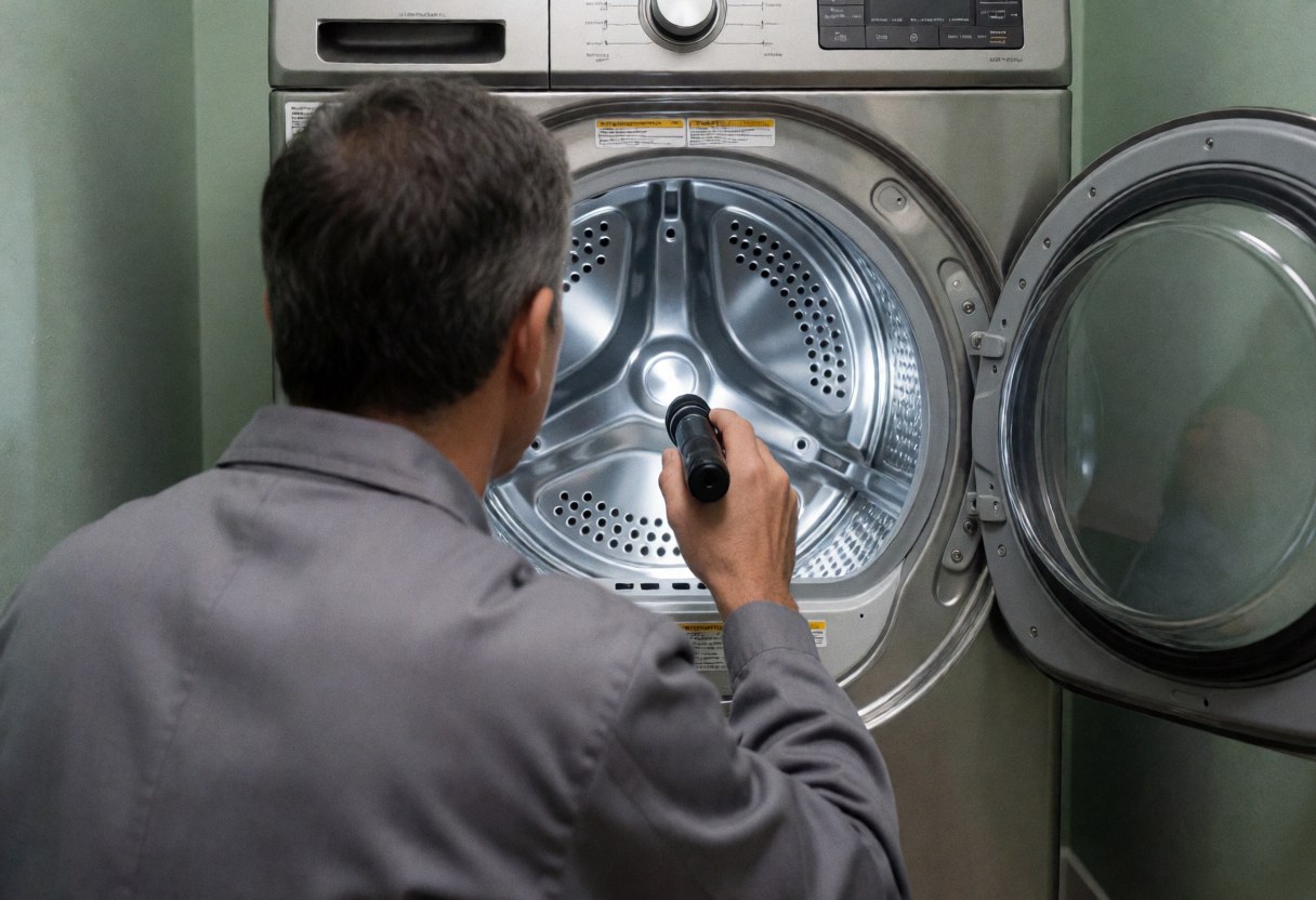 Un technicien en réparation d'appareils examine l'intérieur d'un sèche-linge dans un atelier aux murs verts.