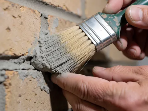 Main utilisant un pinceau pour appliquer un enduit gris sur les joints entre briques, révélant la texture du mur et l'outil de travail sous un éclairage direct.