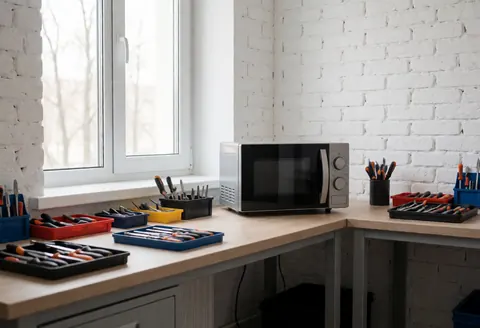 Atelier de réparation de micro-ondes avec outils organisés, électroménager sur table et mur de briques blanches éclairé par une fenêtre.