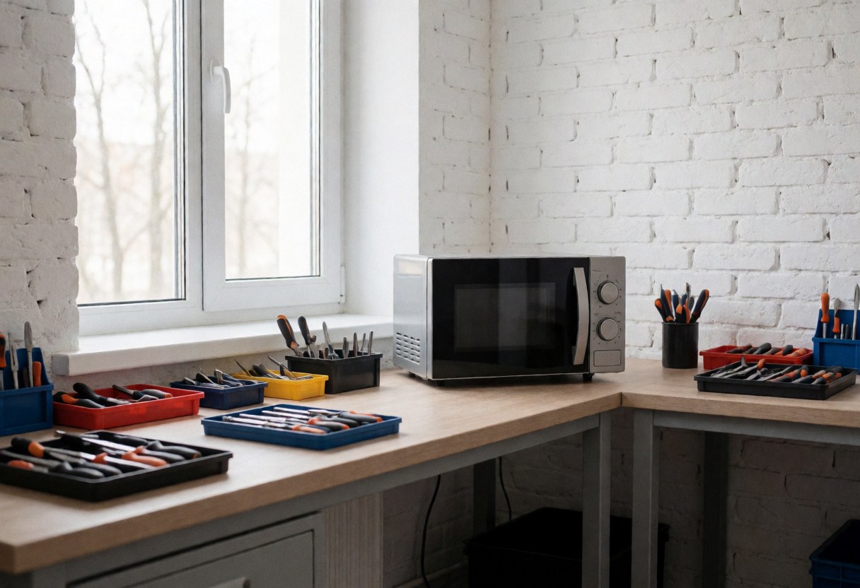 Atelier de réparation de micro-ondes avec outils organisés, électroménager sur table et mur de briques blanches éclairé par une fenêtre.
