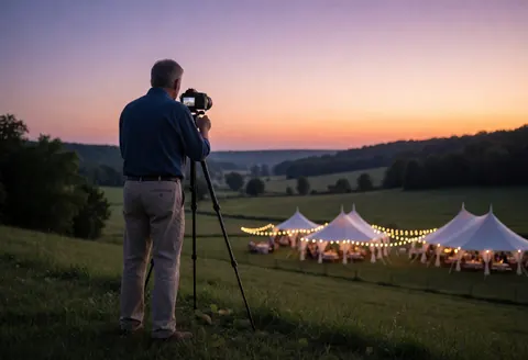 Un photographe professionnel capture une scène de mariage au coucher du soleil depuis une colline, avec un valle illuminé par des tentes et un ciel aux teintes violettes et oranges.