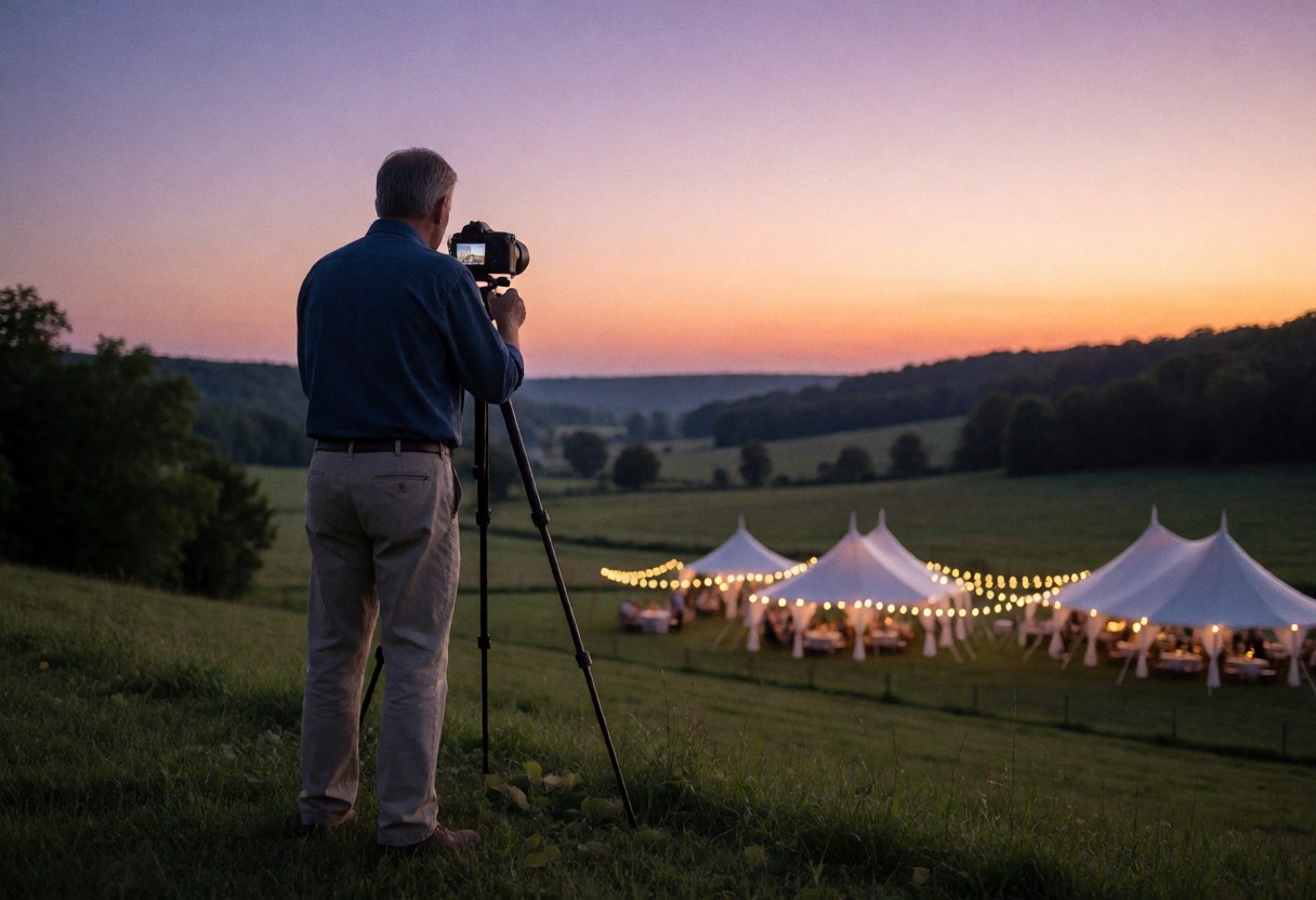 Un photographe professionnel capture une scène de mariage au coucher du soleil depuis une colline, avec un valle illuminé par des tentes et un ciel aux teintes violettes et oranges.