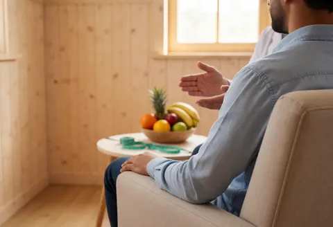 Un patient est assis sur une chaise confortable pendant qu'un thérapeute fait des gestes doux. Une table avec des fruits et un mètre ruban, murs en bois et lumière naturelle.